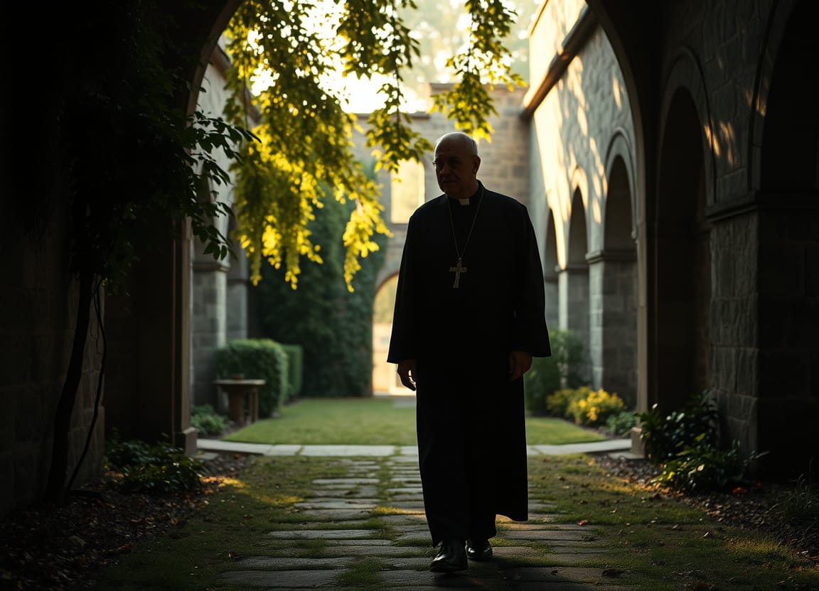 Priest walking through monastery garden