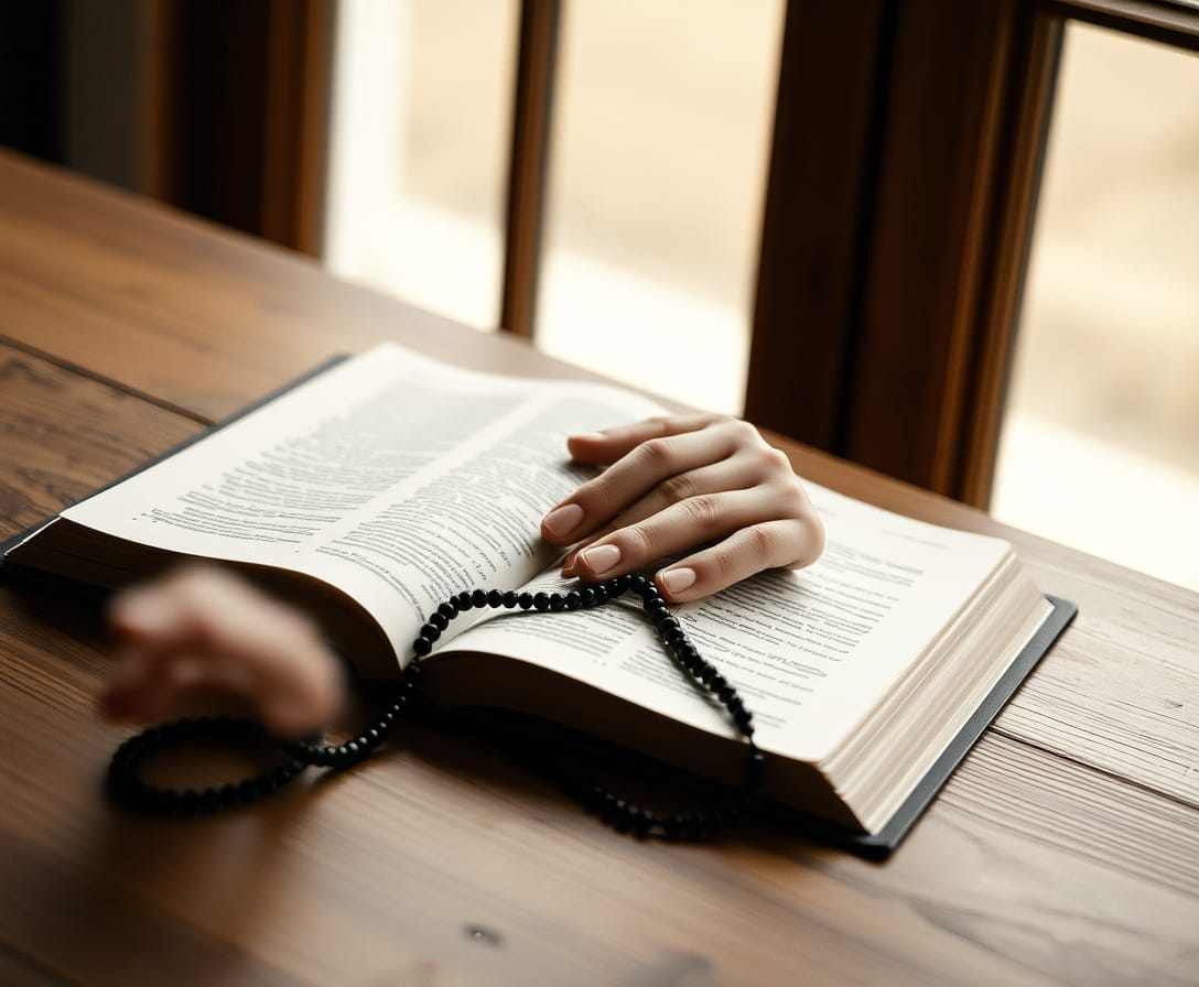 Hands holding Bible and rosary