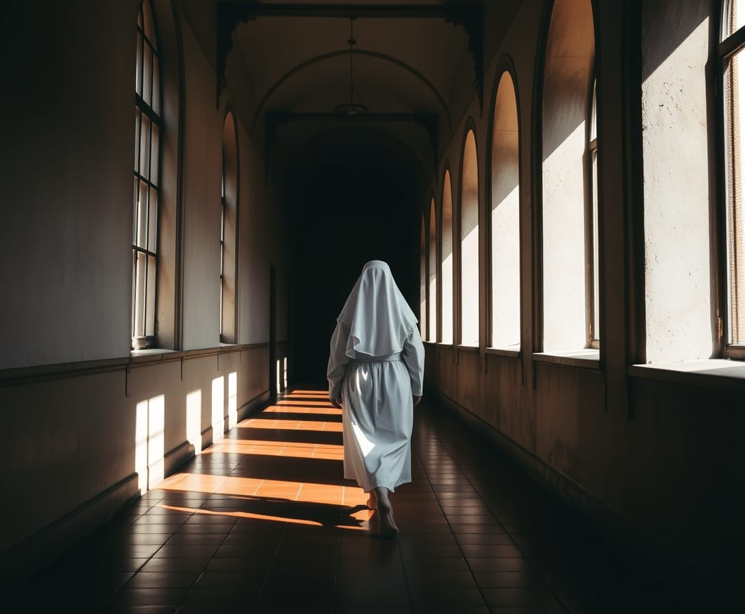Religious sister in convent corridor