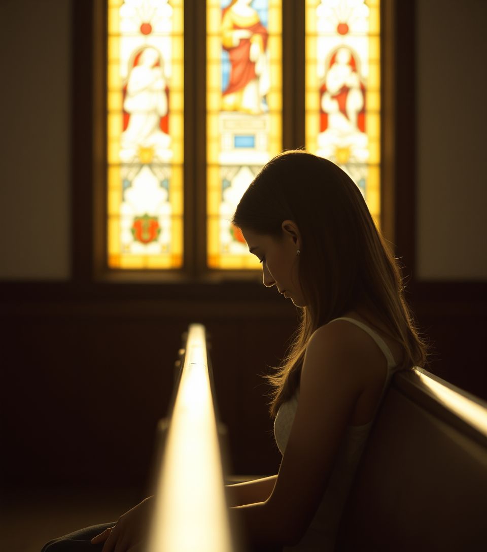 Young woman praying in a sunlit church