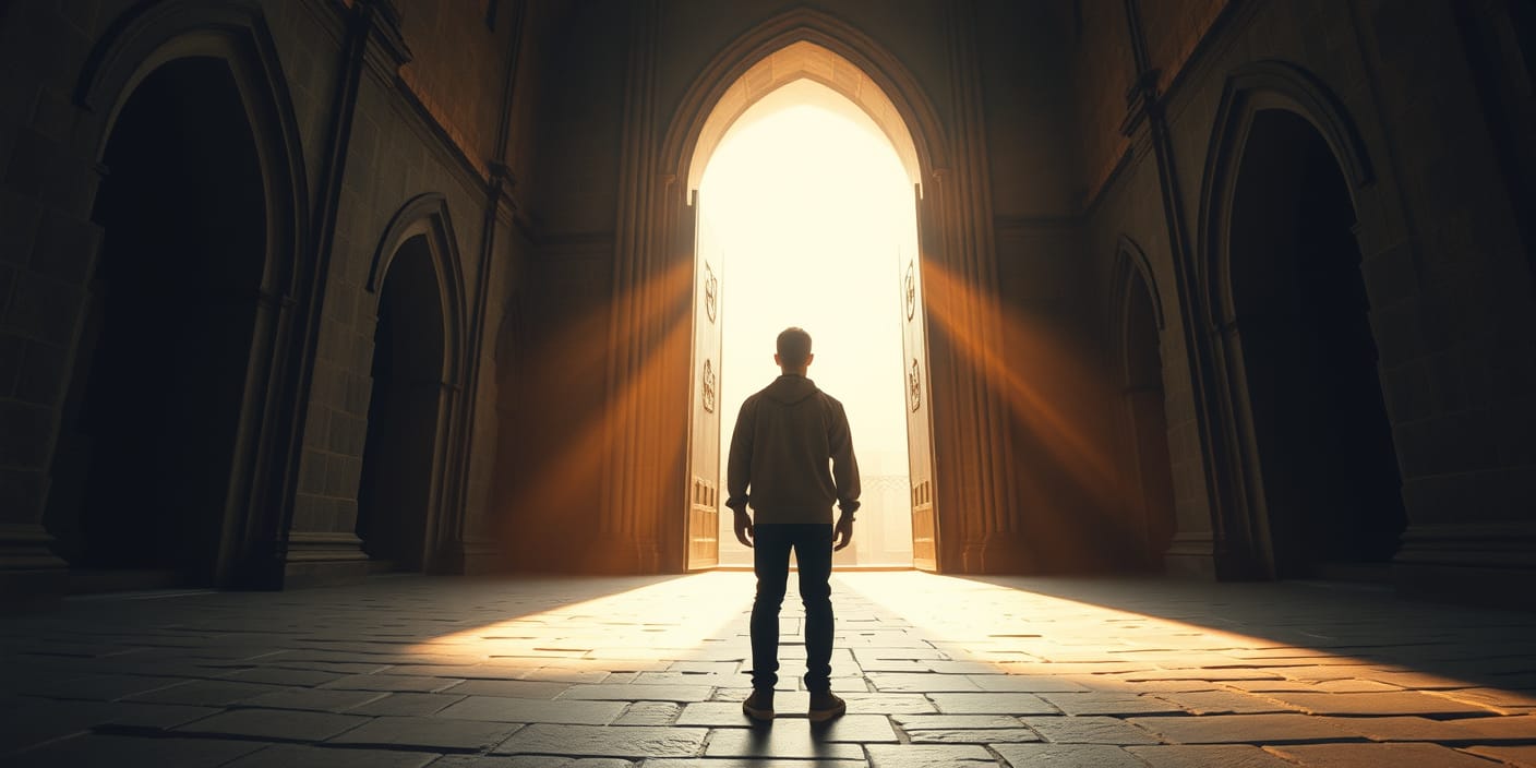 Young man at cathedral entrance in golden morning light