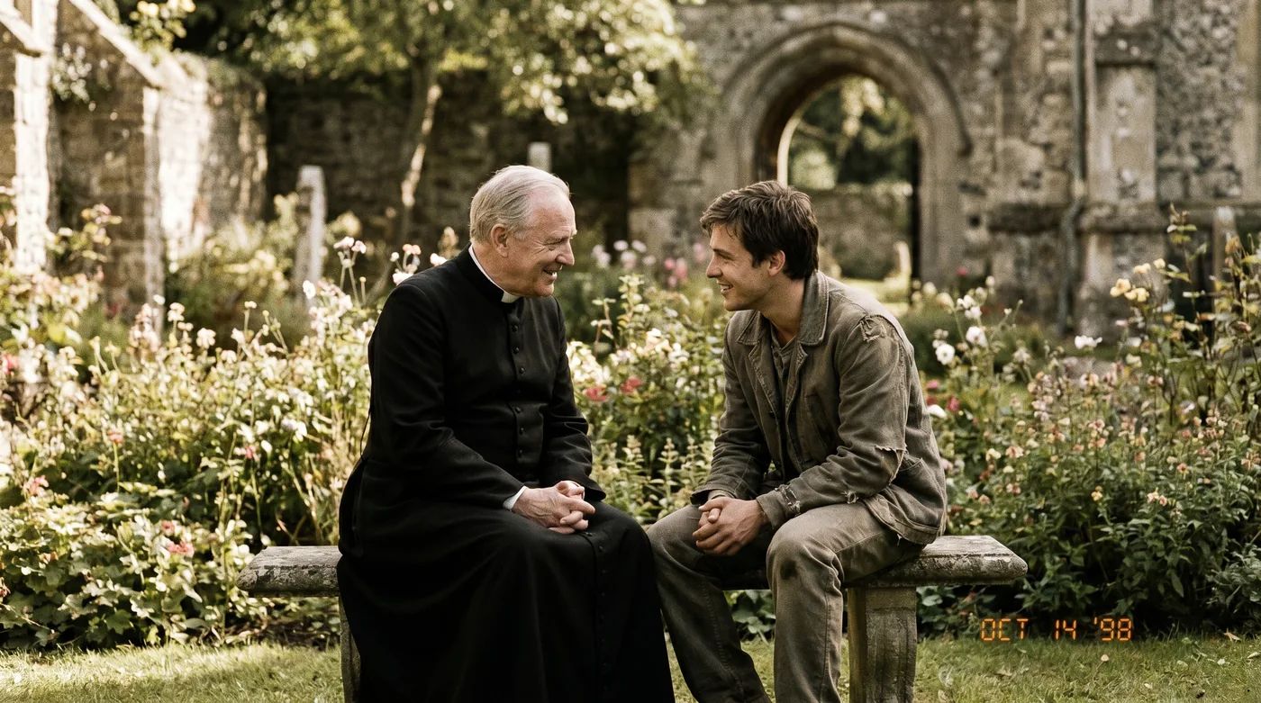 Catholic priest and young man in a sincere conversation in a warmly lit room