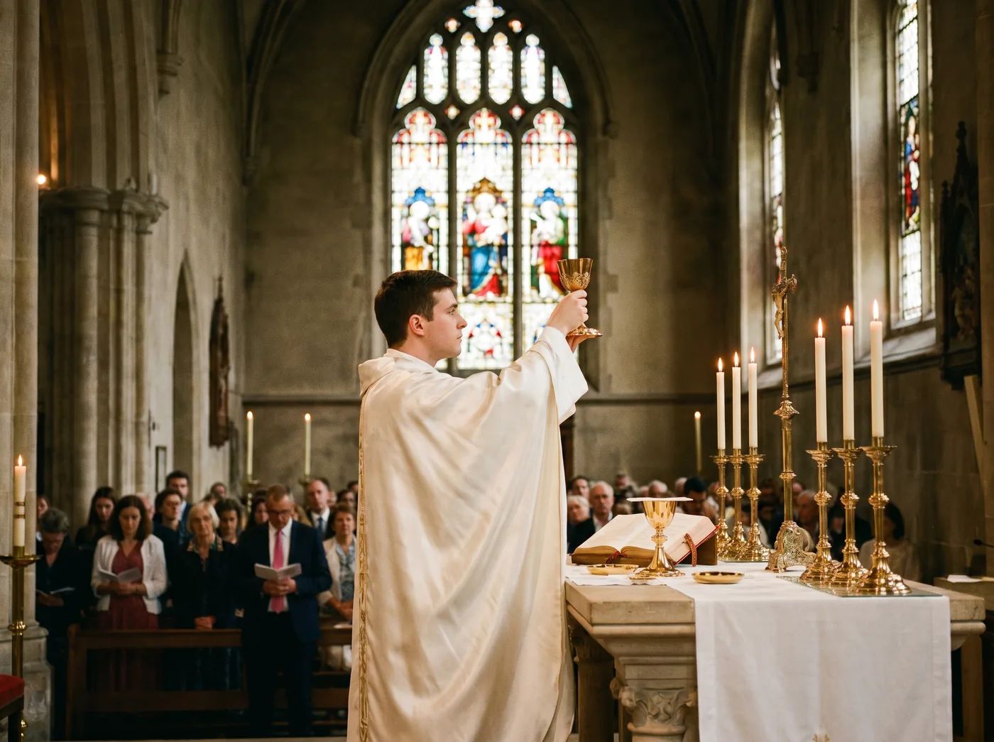 Catholic priest in prayer before an altar with candles and warm light
