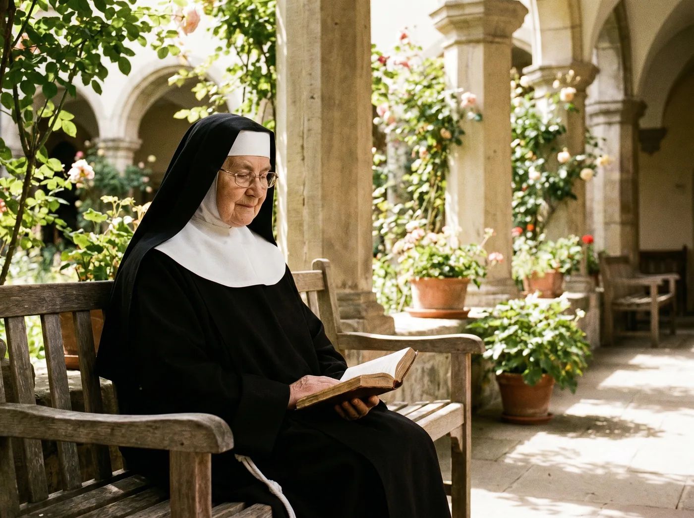 Catholic nun and young woman in conversation in a sunlit courtyard