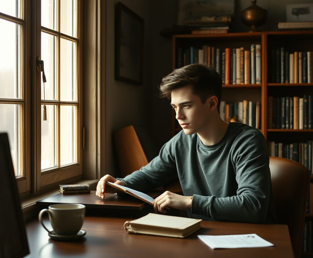 Young man journaling at window