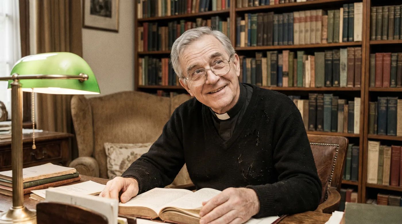 Welcoming Catholic priest at a desk in a study surrounded by theological books and warm light
